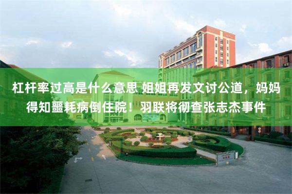 杠杆率过高是什么意思 姐姐再发文讨公道，妈妈得知噩耗病倒住院！羽联将彻查张志杰事件